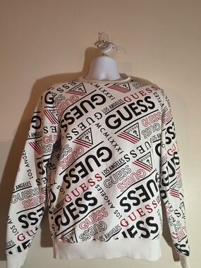 GUESS Logo Print Crewneck Sweatshirt - White with Black & Red